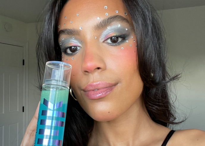 Lexus Perez wears Milk Makeup Hydro Grip Eye Primer and colorful makeup with rhinestones.